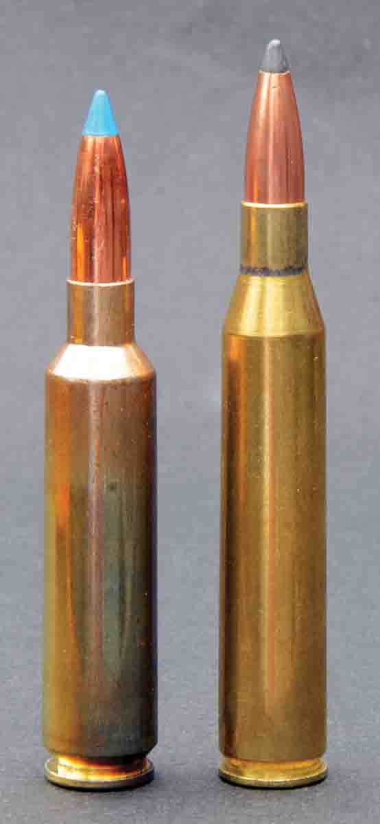 Gross capacity of the .25-284 (left) is close to the same as for the .25-06 Remington. Short chamber throats in some .25-06 rifles require seating a heavier bullet deeply into its case and can decrease its net capacity to a bit less than the .25-284 with bullets seated out.